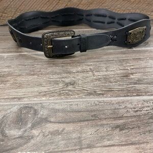 Vera Pelle Vintage Black Leather Belt with Decorative Buckle and design plates.